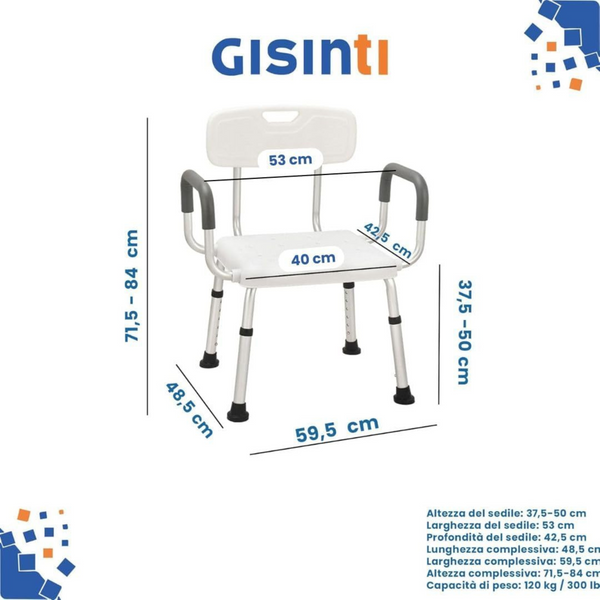 Sedia Doccia Confortevole e Sicura per Anziani e Disabili - Con Braccioli, Schienale, Regolazione Altezza e Piedini Antiscivolo, Bianco