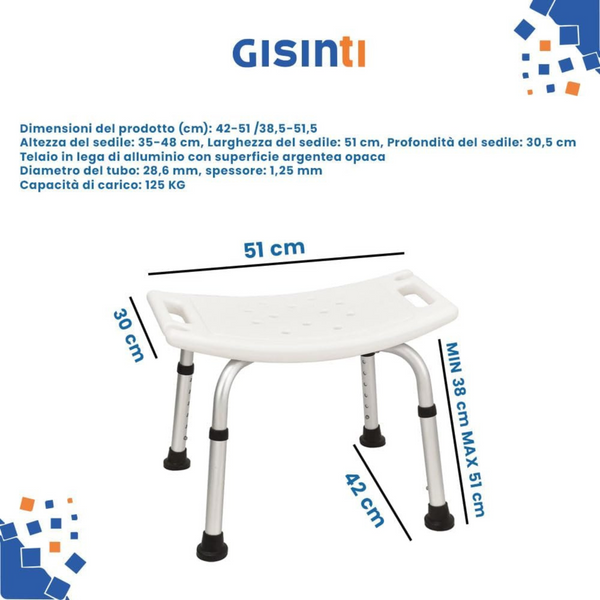 Sgabello Doccia Regolabile, Sedia da Bagno Antiscivolo per Anziani e Disabili, Altezza Adattabile, Supporto Sicuro, Modello Comfort, Bianco