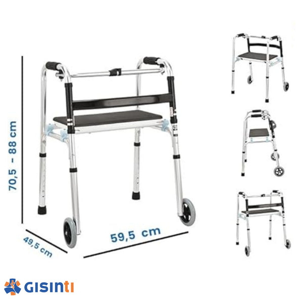 Deambulatore Pieghevole Avanzato per Anziani, Regolabile in Altezza con 2 Ruote e 2 Puntali Antiscivolo, Struttura in Alluminio Leggero e Resistente