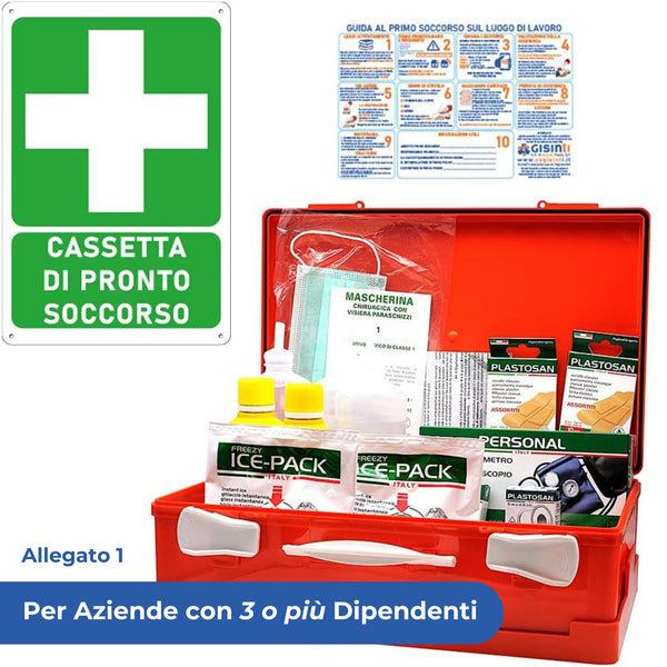 Cassetta Pronto Soccorso All.1 per Aziende con 3 o più Lavoratori Gruppo A e B + Cartello PVC 30×20 Cassetta Colore Arancio