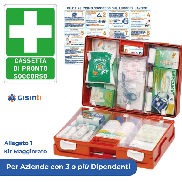 Cassetta Kit Pronto Soccorso All.1 per Aziende con 3 o più Lavoratori Gruppo A e B Contenuto Maggiorato + Cartello PVC 30×20 cm | Cassetta: Colore Arancio