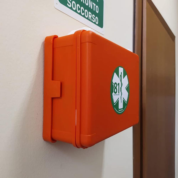 Cassetta Pronto Soccorso All.2 per Aziende Sotto 3 Lavoratori Gruppo C + Cartello PVC 30×20 Cassetta Colore Arancio