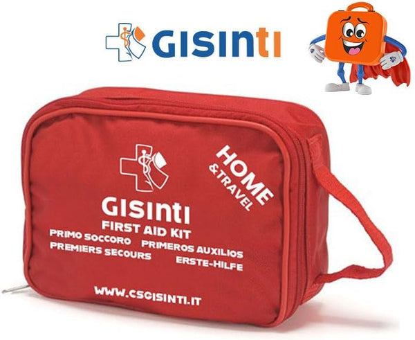Kit Primo Soccorso Casa Pronto soccorso da Viaggio Viaggio, Trekking Auto Completo di Termometro Ghiaccio caldo Freddo First Aid Made in Italy Borsetta Pronto Soccorso