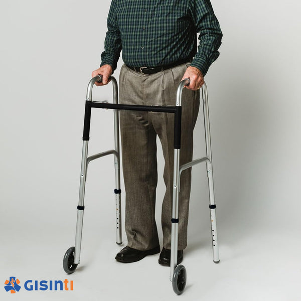 Deambulatore Pieghevole Avanzato per Anziani, Regolabile in Altezza con 2 Ruote e 2 Puntali Antiscivolo, Struttura in Alluminio Leggero e Resistente