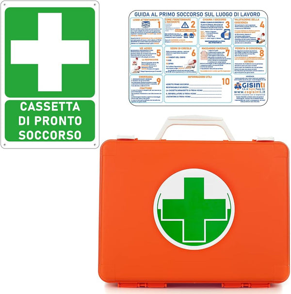 Cassetta Pronto Soccorso All.1 per Aziende con 3 o più Lavoratori Gruppo A e B + Cartello PVC 30×20 Cassetta Colore Arancio