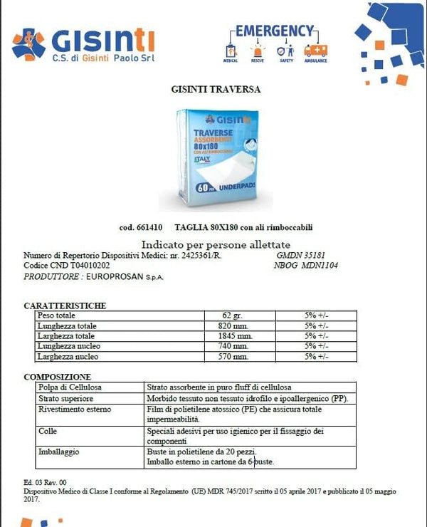 Traverse Letto assorbenti Traversa SalvaLetto MADE IN ITALY Ideale per incontinenza Traversa Anziani 80 X 180 con Ali Rimboccabili Confezione 60 pezzi