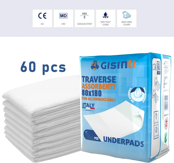 Traverse Letto assorbenti Traversa SalvaLetto MADE IN ITALY Ideale per incontinenza Traversa Anziani 80 X 180 con Ali Rimboccabili Confezione 60 pezzi