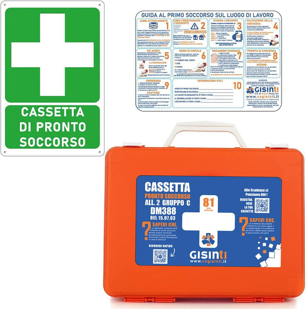 Cassetta Pronto Soccorso All.2 per Aziende Sotto 3 Lavoratori Gruppo C + Cartello PVC 30×20 Cassetta Colore Arancio