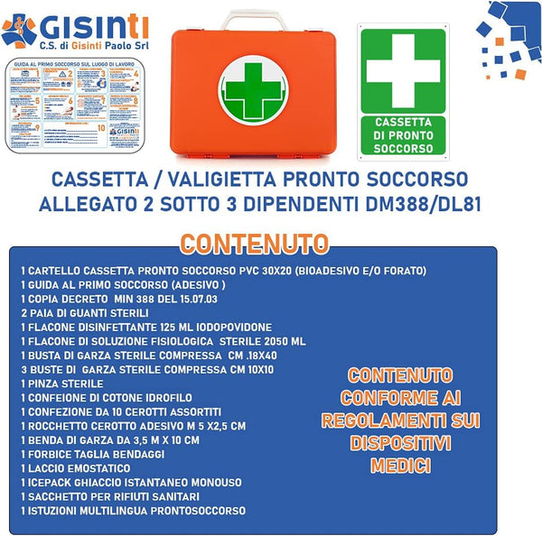 Cassetta Pronto Soccorso All.2 per Aziende Sotto 3 Lavoratori Gruppo C + Cartello PVC 30×20 Cassetta Colore Arancio