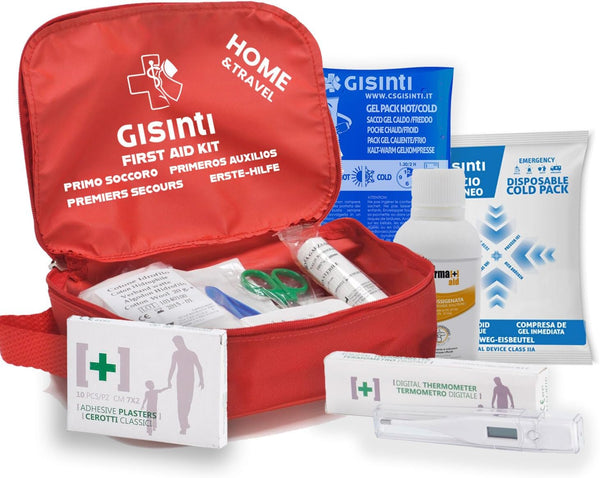 Kit Primo Soccorso Casa Pronto soccorso da Viaggio Viaggio, Trekking Auto Completo di Termometro Ghiaccio caldo Freddo First Aid Made in Italy Borsetta Pronto Soccorso