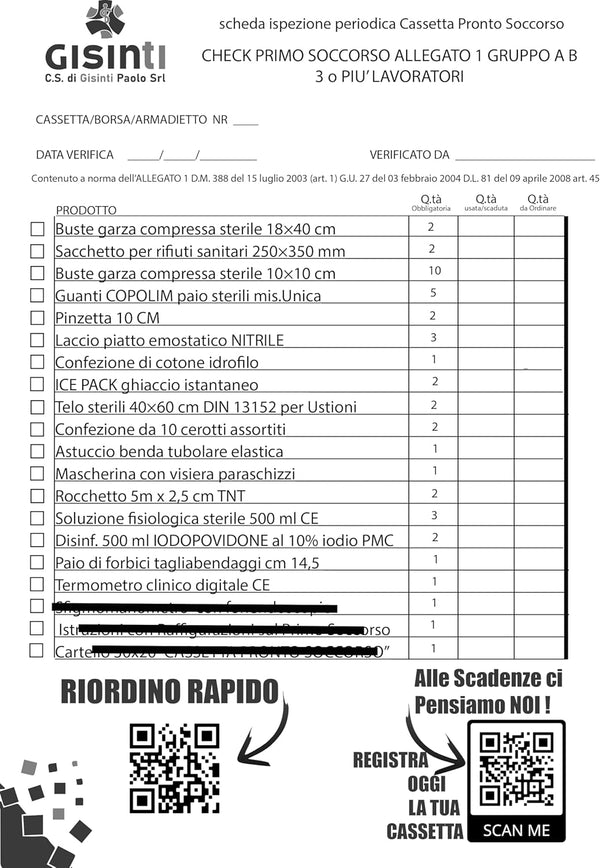 Reintegro Cassette Pronto Soccorso All.1 Per Aziende 3 o più Dipendenti - Pacco Reintegro Allegato 1 - DM388