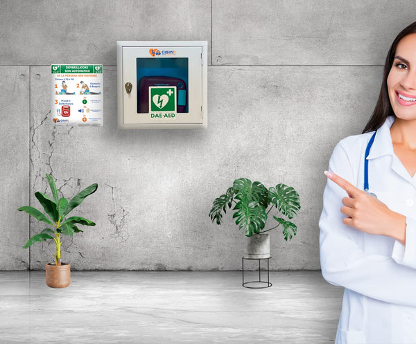 Teca per Defibrillatore da Interno Armadietto Metallo Armadietto Per Defibrillatore Con Cartello PVC Istruzioni Defibrillazione 1 Pezzo Colore Bianco (Teca Senza Allarme)