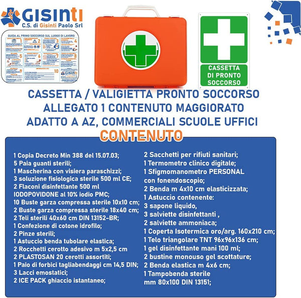 Cassetta Kit Pronto Soccorso All.1 per Aziende con 3 o più Lavoratori Gruppo A e B Contenuto Maggiorato + Cartello PVC 30×20 cm | Cassetta: Colore Arancio