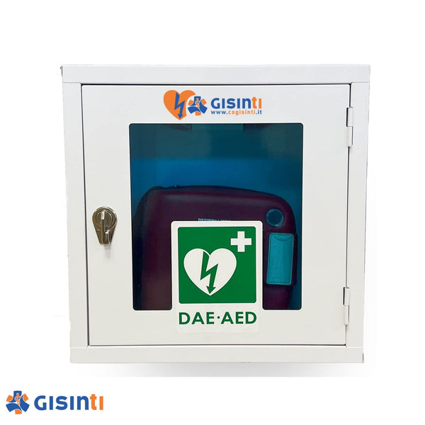Teca per defibrillatore da interno in metallo bianco con cartello istruzioni