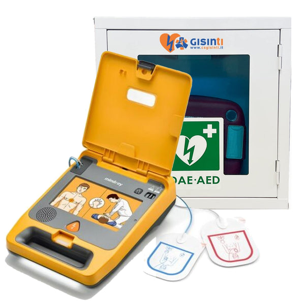 Defibrillatore Mindray BeneHeart C1A davanti alla teca da interno
